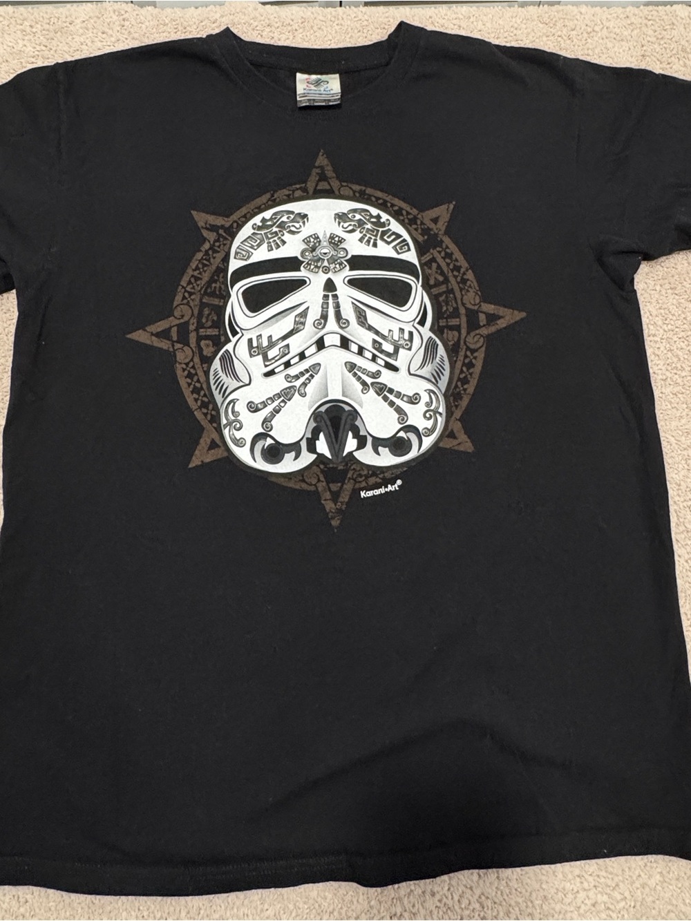 Karani Art Aztec Tribal Skull Graphic Tee Men’s Large Black Cotton